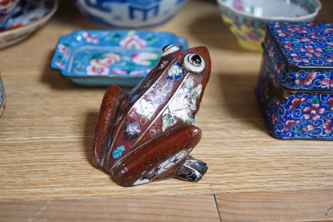 A pair of Chinese blue and white vases and covers and three other items, together with Japanese ceramics, cloisonné and Canton enamelware (11)